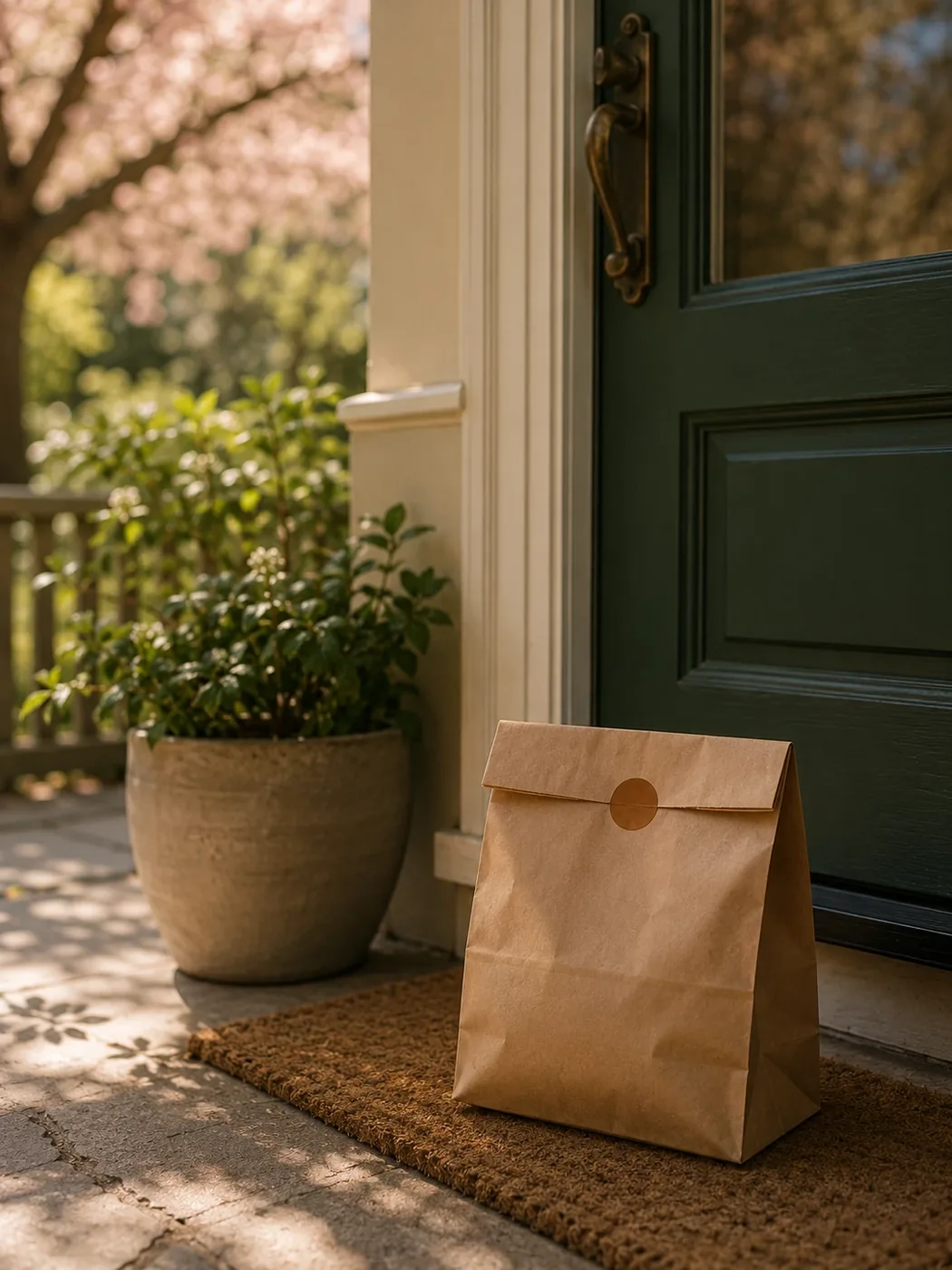 A discreet kraft pharmacy delivery bag on a doorstep, for free Carebridge prescription delivery in Coquitlam