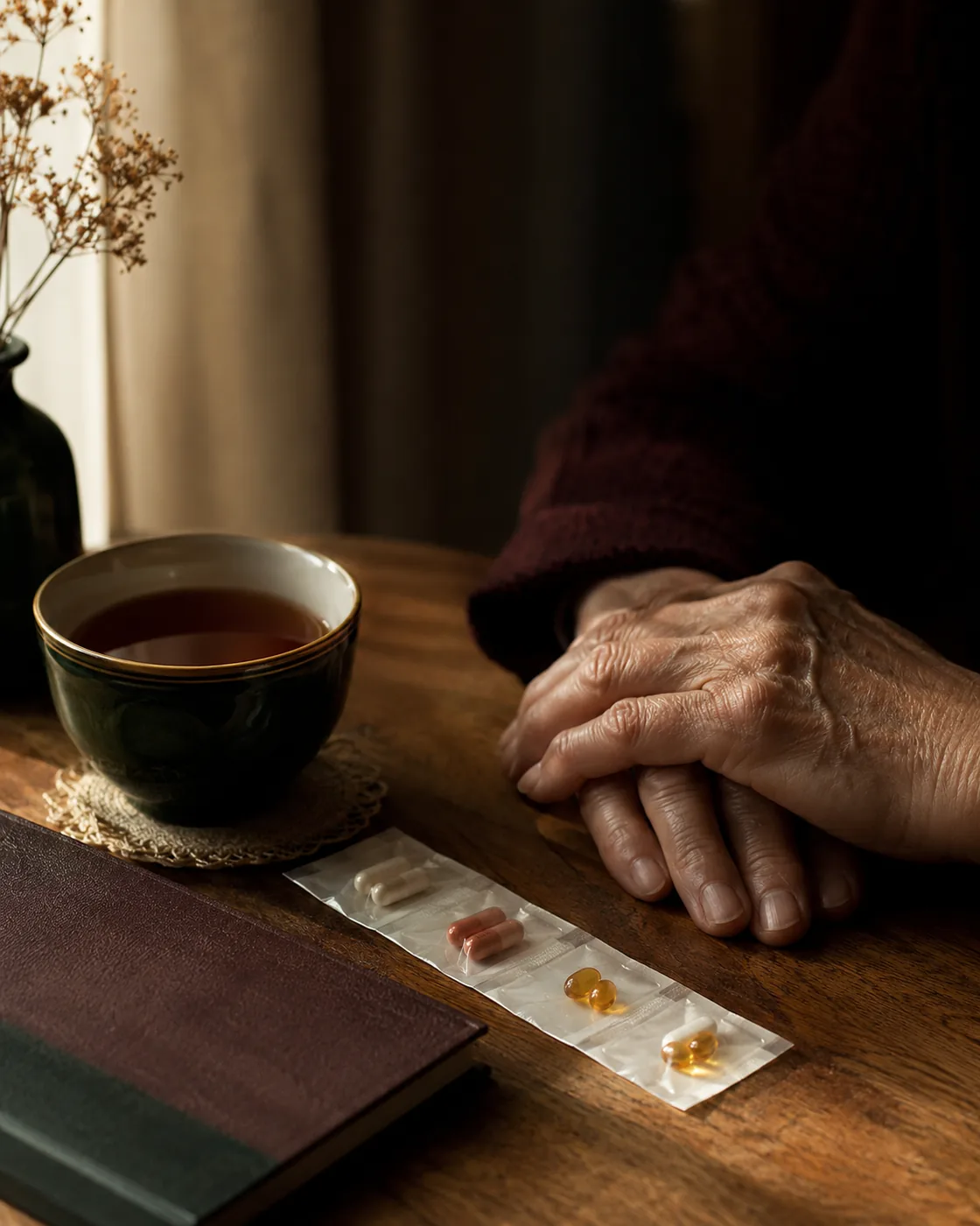A senior's hand at a kitchen table with a daily medication organizer, for the Carebridge daily dispense and home visit program in Vancouver